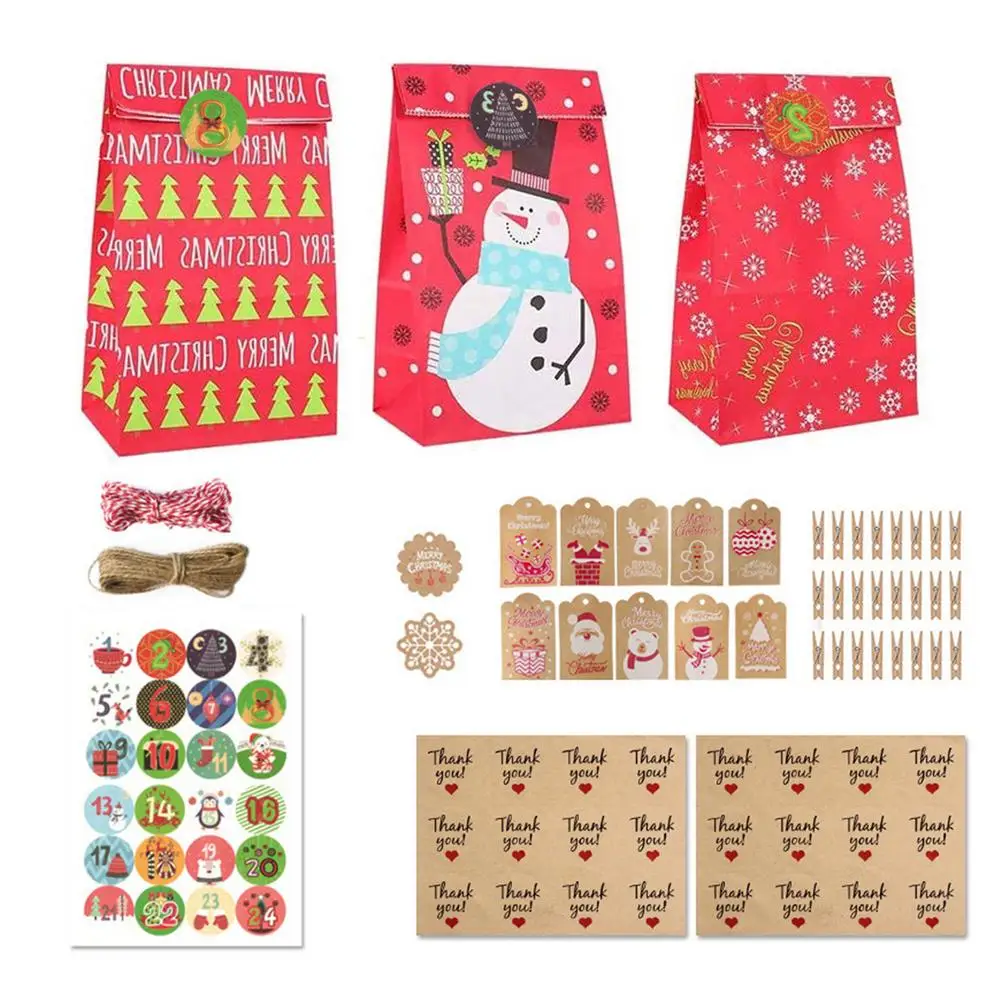 

Christmas Candy Paper Bags Reusable Gift Wrapping Pouch With 1-24 Advent Calendar Stickers Christmas Countdown Paper Boxes For G