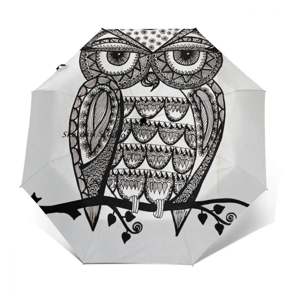 Автоматический зонт от дождя Женский трехскладной зонтик ветрозащитный с совами