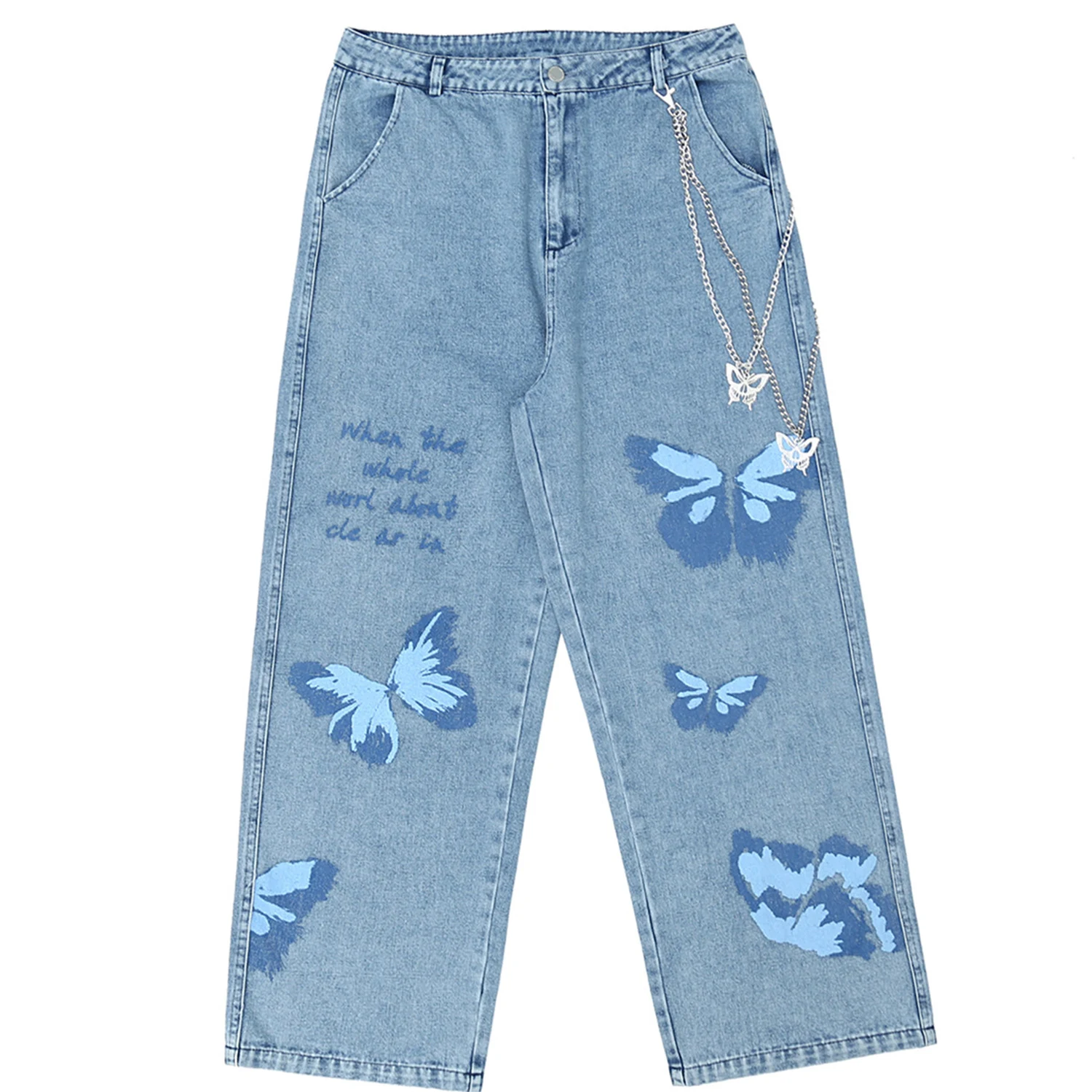 

В стиле «хип-хоп» линялая одежда, джинсовые штаны Для мужчин Уличная цепь с плетением «бабочка» мешковатые брюки для девочек свободные 2020 ...