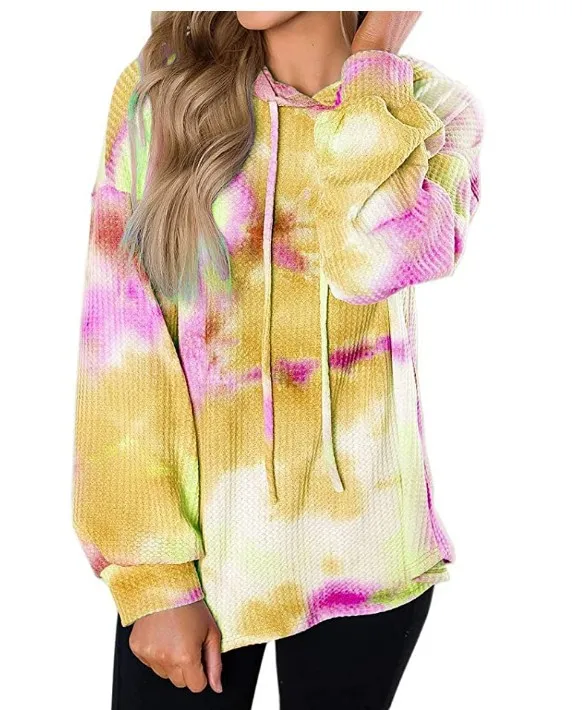Tie Dye Hoodie Women Waffle Long Sleeve Tie Dye Sweatshirt for Autumn Winter Red Green Pink Hoodie Fashion Thin Moletom Tie Dye