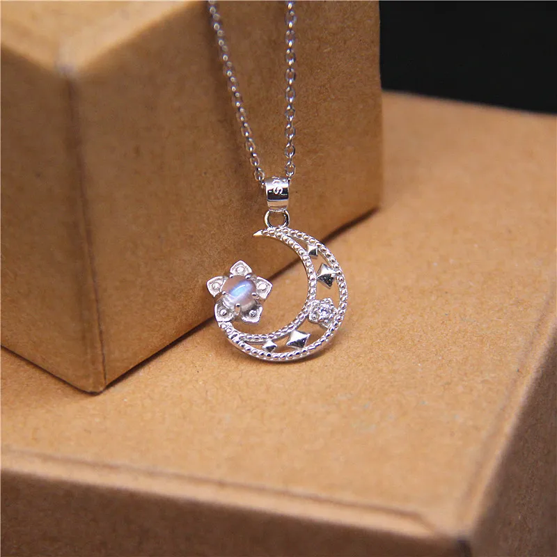 Женская цепочка из серебра 925 пробы с кулоном в виде лунного камня|Подвески| |
