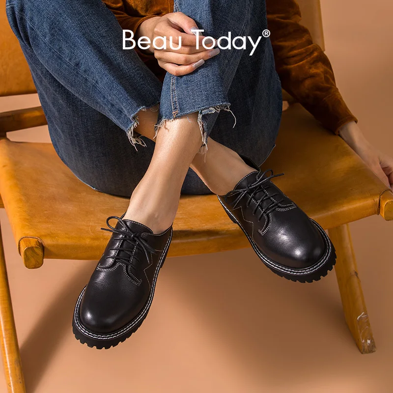 BeauToday/Повседневная обувь Женская из коровьей кожи на шнуровке с круглым носком