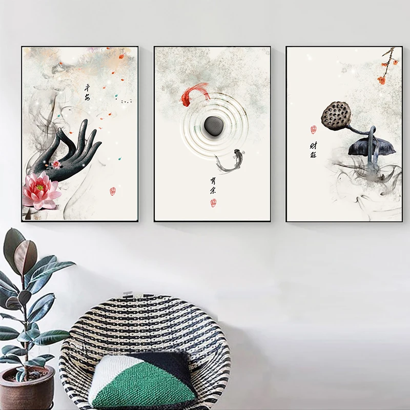 Новые китайские чернила Лотос цветы Будда рука и рыба настенная Художественная