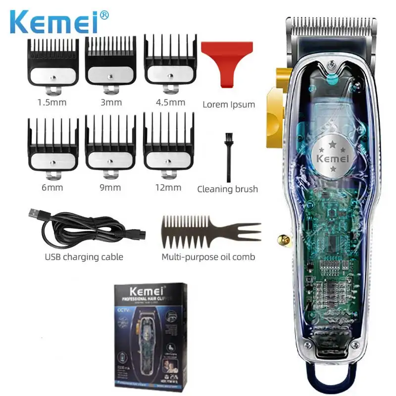 

2021 New Kemei Hair clippers for Oil Head Men Professional Hair Cutting Machine Cordless Transparent Cover Hair trimmers Set