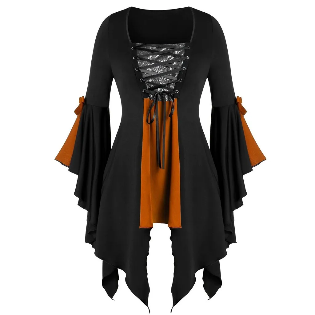 JAYCOSIN Women Plus Size Long Sleeve Tops Sequined shirts lace Up Gothic Tunic Tee Fashion Dress Lace Black Witch Top Mujer | Женская