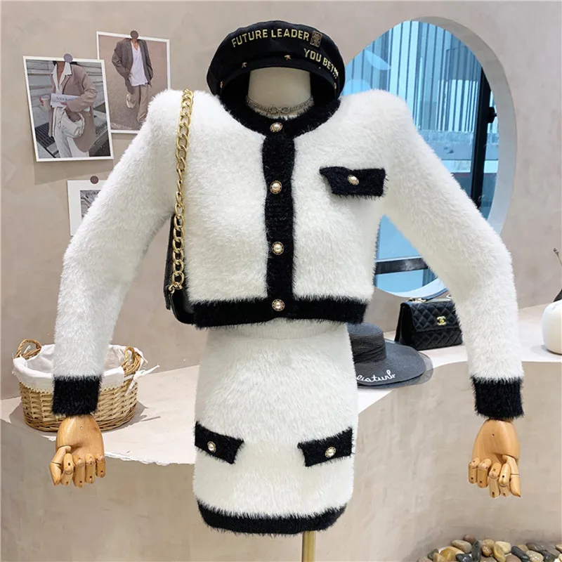 

New Women's Clothing 2021 Autumn Winter Temperament short mohair plush Top coat + high waist skirt two-piece set
