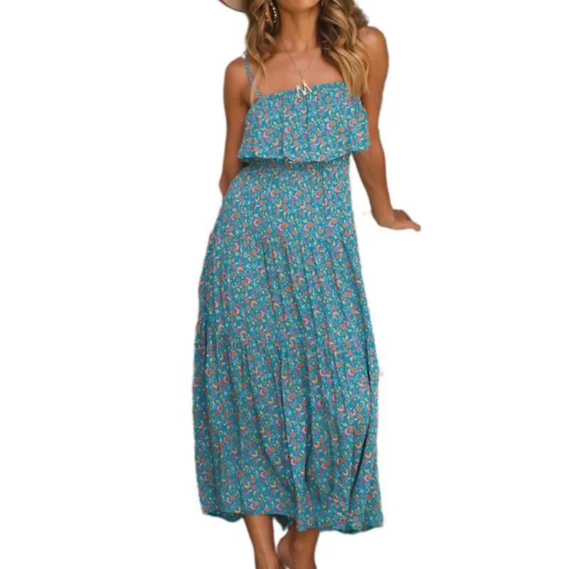 

Womens Boho Floral Spaghetti Strap Maxi Long Dress Ruffles Layered Empire Waist Asymmetric Cocktail Party Evening Beach BX0A