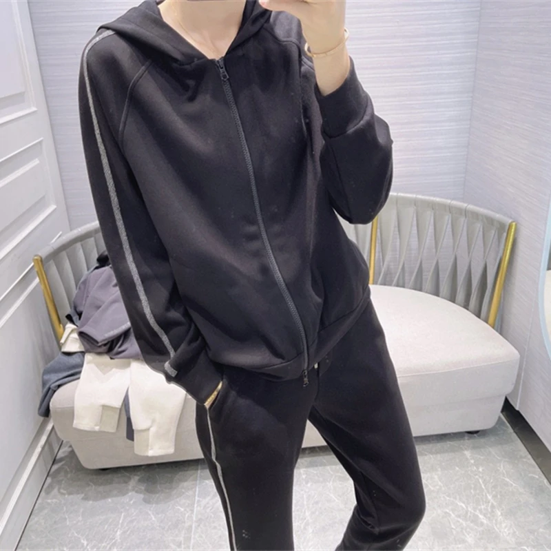 

High Quality Women Fashion Hooded Jackets with Crystals Zipper up Sport Suits Two Pieces Suits Casual Clothes