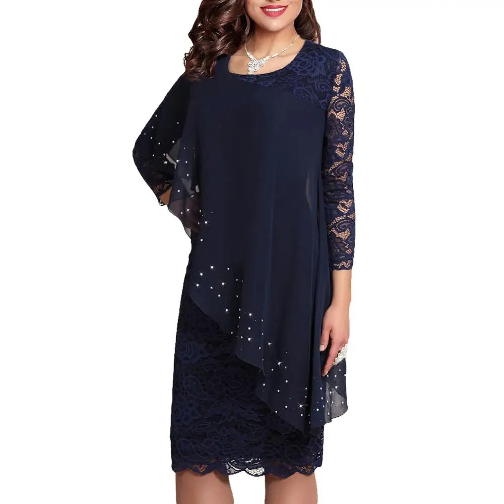 Женское однотонное платье с рукавом 3/4 и круглым вырезом средней длины|Женские