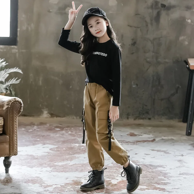 Осенний Новый Детский костюм для девочек футболка с буквенным принтом + штаны из