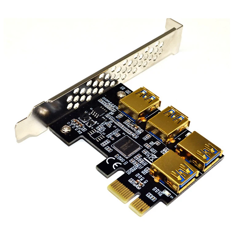 

New 4 Ports PCIe Riser Adapter Board PCI-E 1x to 4 USB 3.0 PCI-E Rabbet GPU With 6pin Extension Cable For BTC Miner Mining