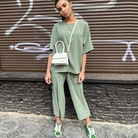 ladies summer women set loose top shirt and long pants bottom two piece set beach home casual tracksuit women outfit suit female