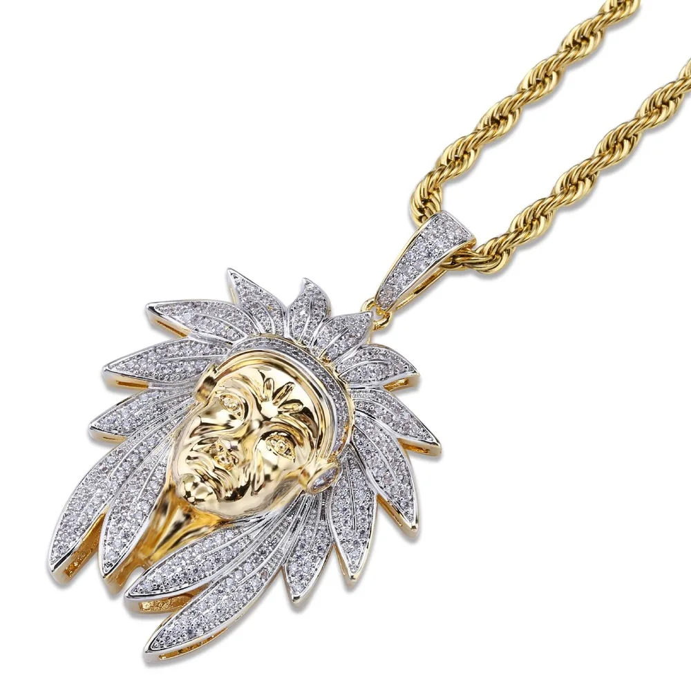 

Iced Out Chain 18K Gold Plated Fully Zirconia Simulated Diamond Indian Chief Portrait Hip Hop Pendent Necklace for Men Women