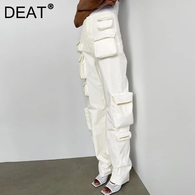 

DEAT 2021 New Autumn And Winter High Waist Straight Temperament White Thin Multi Pocket Overalls Women's Pants 7I0208