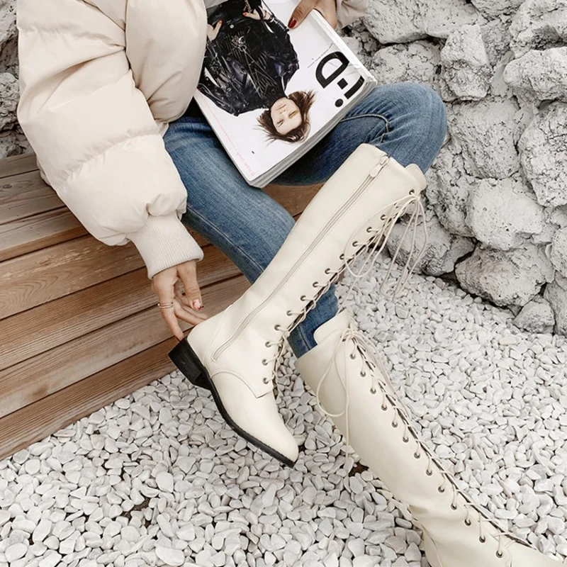 BLXQPYT Lacing Up Knee High Winter Boots Women Cosplay Shoes Zipper Black Square Heels Leather Footwear Big Size 32-46 | Обувь