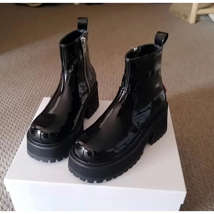 Chunky Heel Thick Bottom Boots Women's Bright Patent Leather Short round Head Zipper British Style Dark Martens Boots