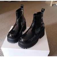 chunky heel thick bottom boots womens bright patent leather short round head zipper british style dark martens boots