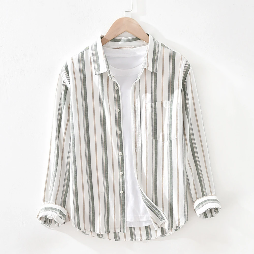 Camisa Men's Striped Cotton Linen Shirts Male Casual Streetwear Shirt Men Summer Spring Long Sleeves Shirt Tops M-3XL
