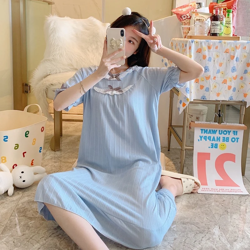 

2021 New Summer Short Sleeve Cotton Nightgowns for Women Cute Lace Long Dress Sleepwear Night Dress Nightdress Home Dress Nighty
