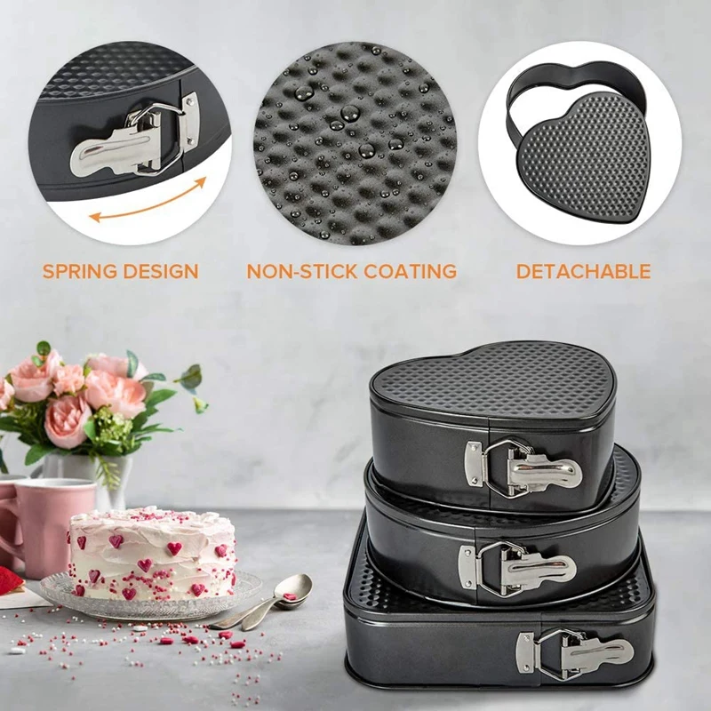 

Springform Pan 3 Pieces/Set,Heart-Shaped&Round&Square Pan,Detachable,Non-Stick, Baking Chesecake Pans,for Kitchen Baking