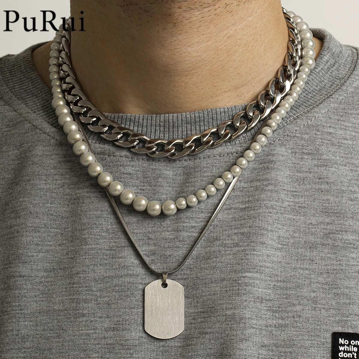 

PuRui Minimalist Stainless Steel Neck Chain Necklaces for Men Hiphop Casual Beaded Choker Square Card Peandant Necklace Jewelry
