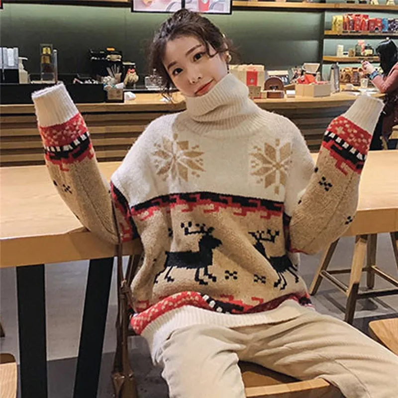 Рождественский свитер Женский пуловер с высоким воротником трикотажные топы