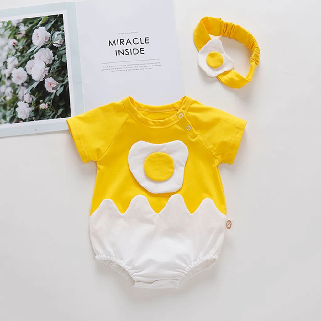 

2020 Newborn Infant Baby Girls Baby Boys Eggs Patchwork Rompers Bodysuit Egg Pattern Hairband Clothes Fashion Romper