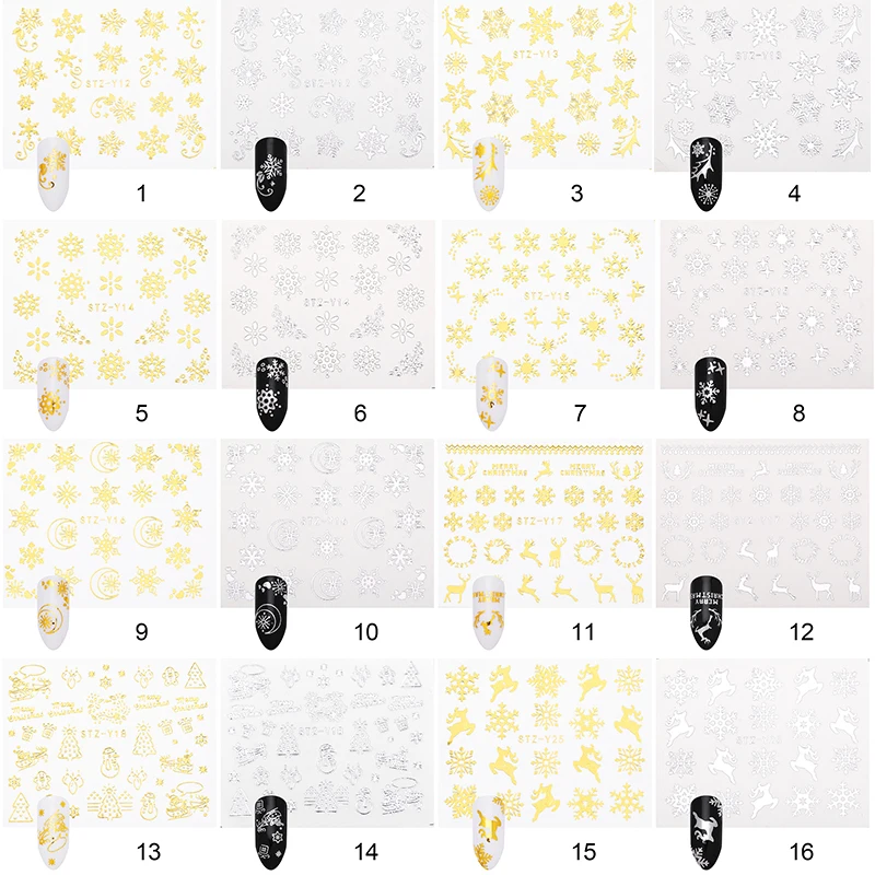 1 лист Золотой Серебряный ноготь наклейки для воды Рождественская елка олень