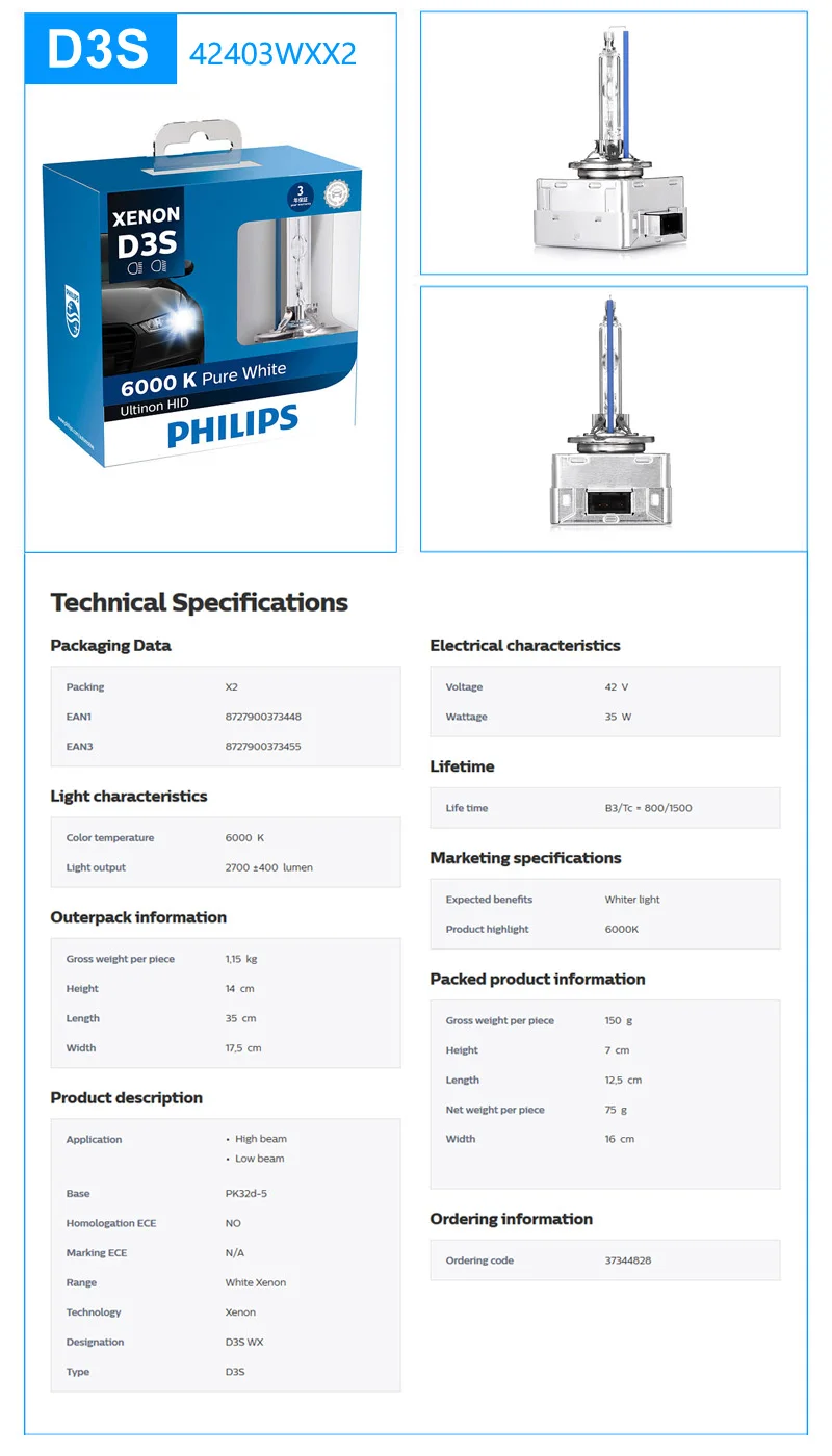 Philips HID 6000K D1S D2S D2R D3S D4S Ultinon холодный синий ксеноновый белый светильник, автомобильный обновленный головной светильник, лампочки, вспышка, быстрый запуск, пара