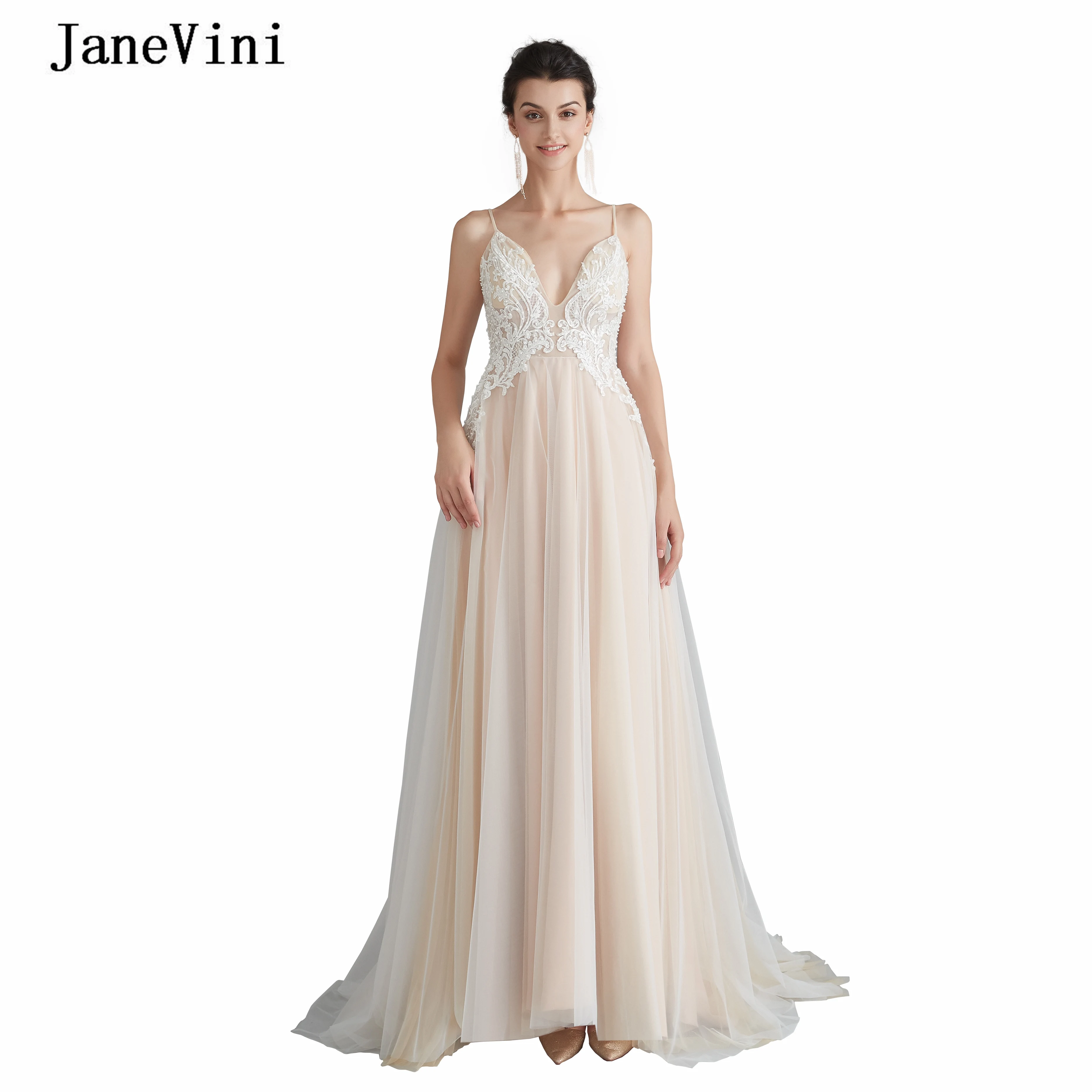 Сексуальное длинное платье для выпускного jaevini с V-образным вырезом Тюлевое на