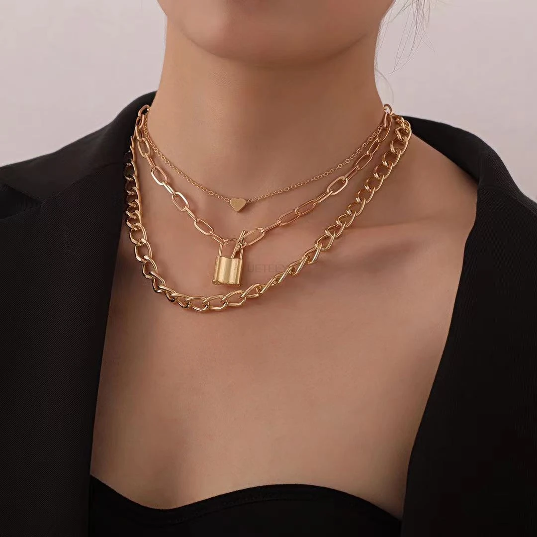 

Multilayer metal padlock chain pendant collar punk golden clavicle chain exaggerated thick chain new fashion