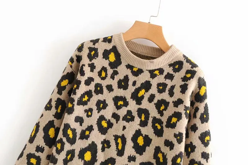 2019 autumn new women's European and American style round neck long-sleeved leopard pattern loose knit pullover sweater | Женская