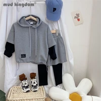 mudkingdom kids pants set solid patchwork drawstring hooded sweatshirts trousers sports casual loose sets boys autumn outfits