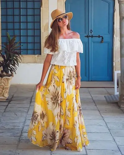 Шифоновые Boho женские богемные с высокой талией цветочные принты Джерси цыганские летние юбки летний пляжный длинный макси юбки