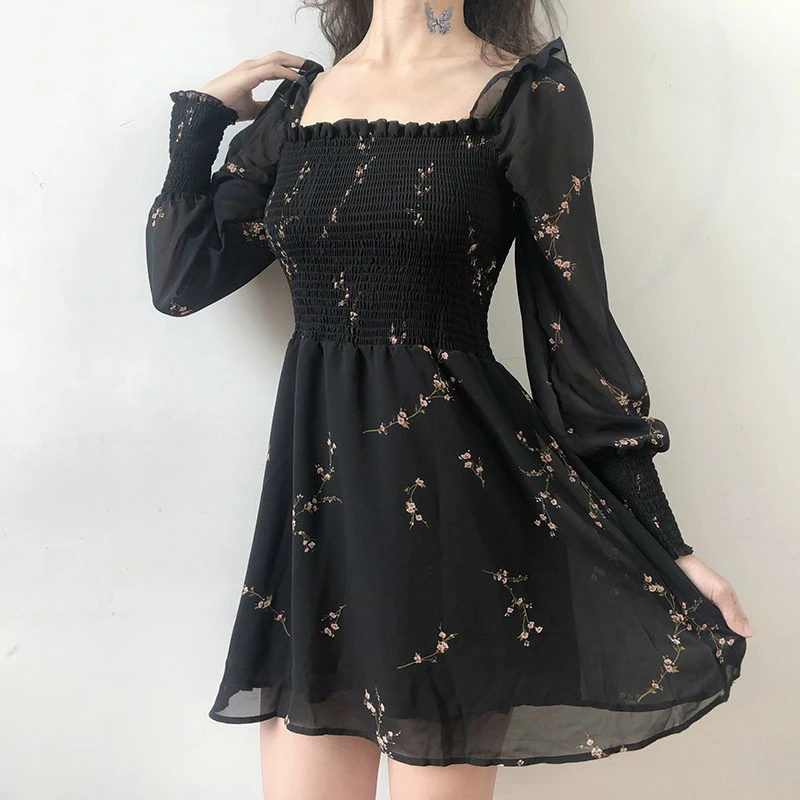 

2020 Autumn Womens Sexy Black Dress Vintage Flower Long Puff Sleeve Chiffon Dresses Korean Casual Mini Vestidos Mujer Clothes