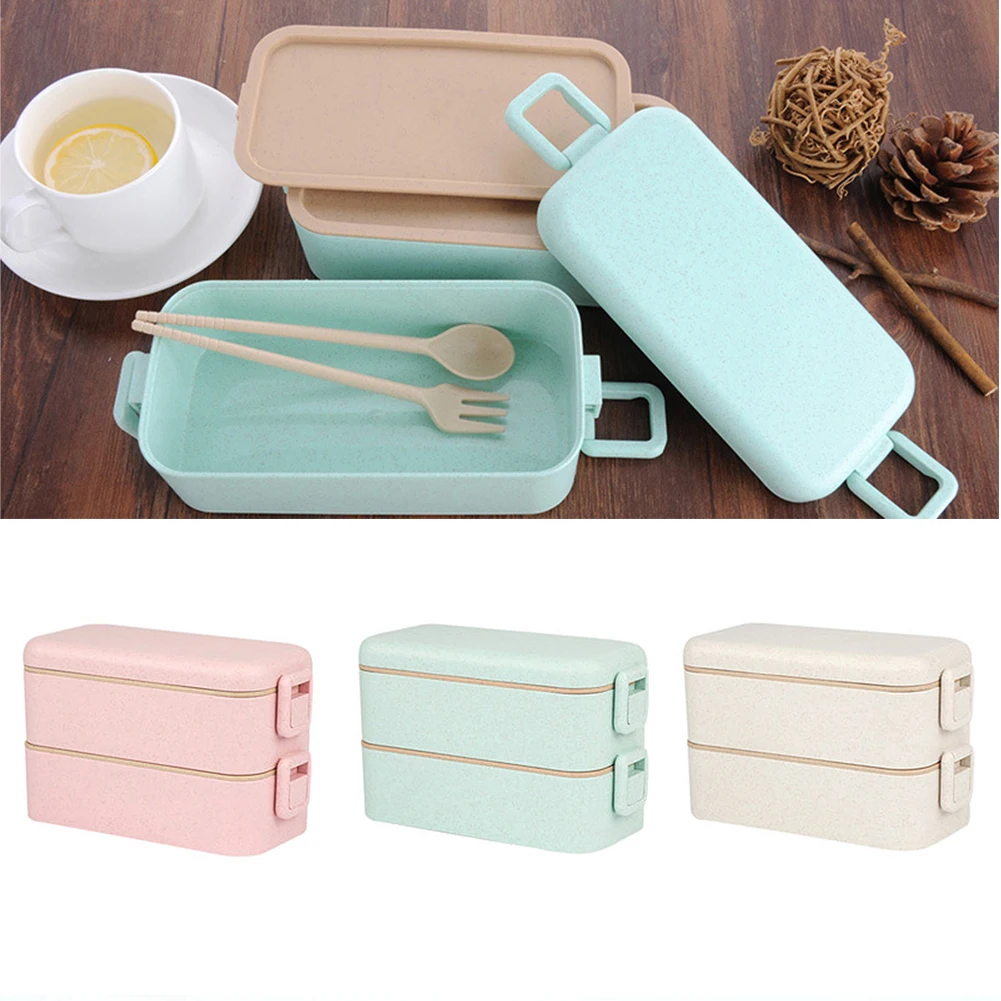Lock Catch Compartments With Cutlery Double Layer Lunch Box School Office Wheat Straw 800ml Microwave Heating Food Storage Bento | Дом и сад