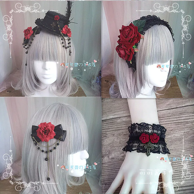 

Головной убор Lolita dark в готическом стиле, повязка на голову с наручными манжетами, аксессуар для волос для сестер в стиле "Лолита", шапка с цветами винного и красного цветов роз