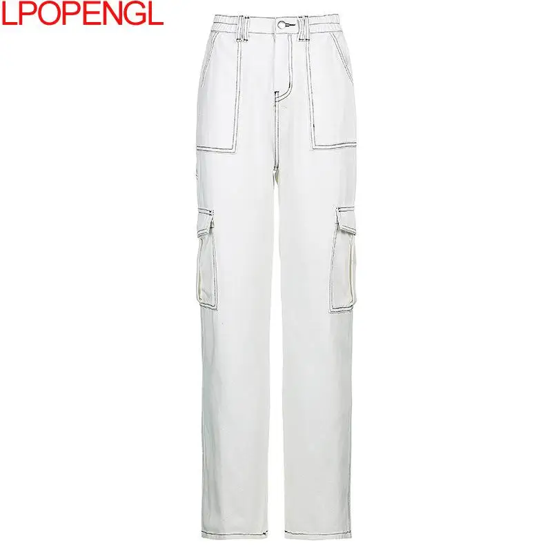 

Spring Pocket Patchwork Loose Retro Jeans Fashion Streetwear 100% Cotton Ladies Denim Pants Loose Pants Korean Harajuku