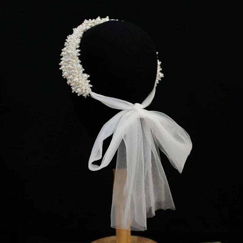 

Women Wedding Handmade Beading Wide Headband Bridal Full Imitation Pearl Hairband Mesh Ribbon Jewelry Chain Headdress