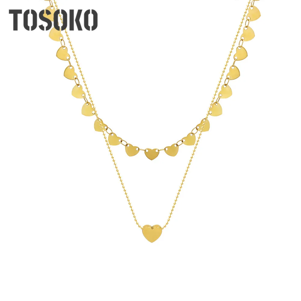 

TOSOKO Stainless Steel Jewelry Peach Heart Overlapping Clavicle Chain Female Playful Lovely Double Layer Love Necklace BSP144