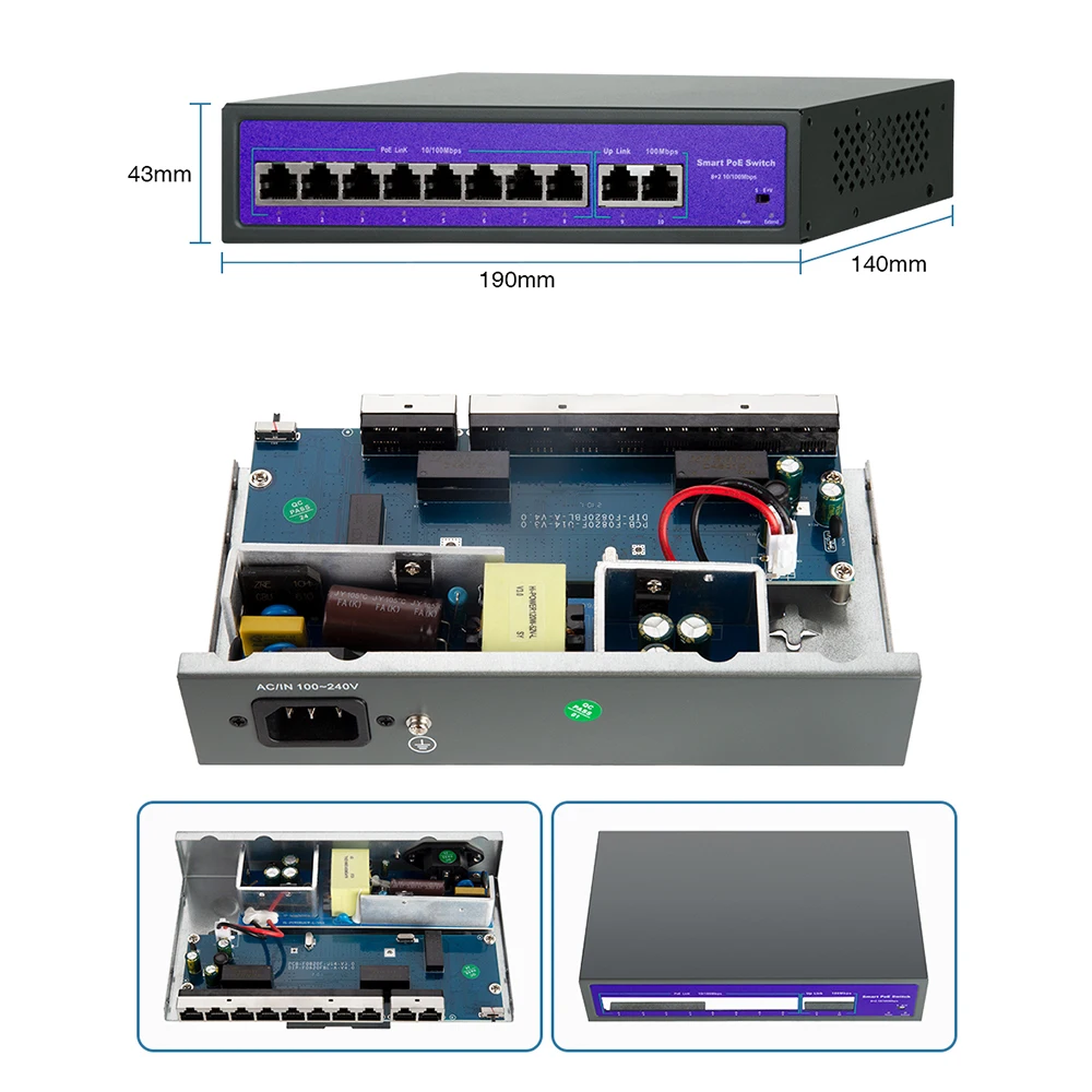 

48V Network POE Switch With 4/8/16CH 10/100Mbps Ports IEEE 802.3 af/at Over Ethernet IP Camera/Wireless AP/CCTV Camera System