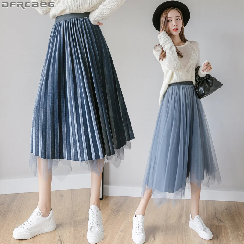 Модная Лоскутная юбка миди из сетки для женщин бархатная Зимняя Saias с обеих