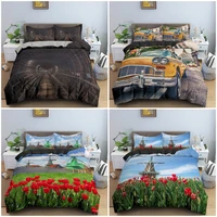 retro style duvet cover bedding set traditional dutch windmills railway and car pattern quilt cover bedclothes king queen 23pcs