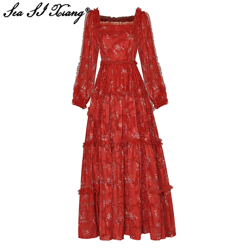 

Seasixiang Fashion Designer Summer Maxi Dress Women Square Collar Lantern Sleeve Flower Print High Waist Vintage Party Dresses