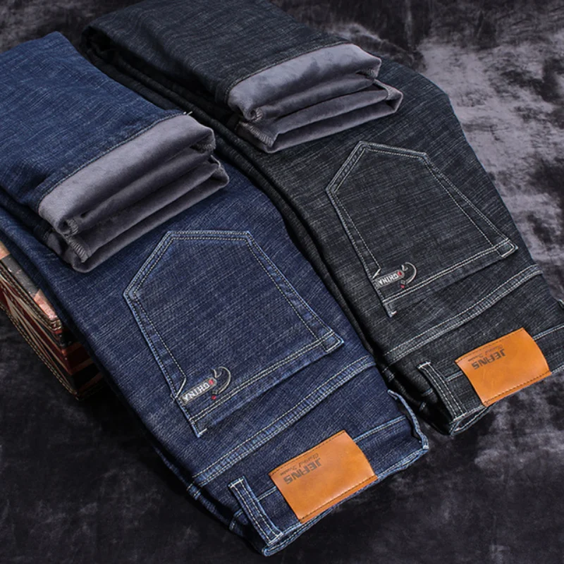 Зимние черные джинсы для мужчин утепленные теплые на флисе высококачественные