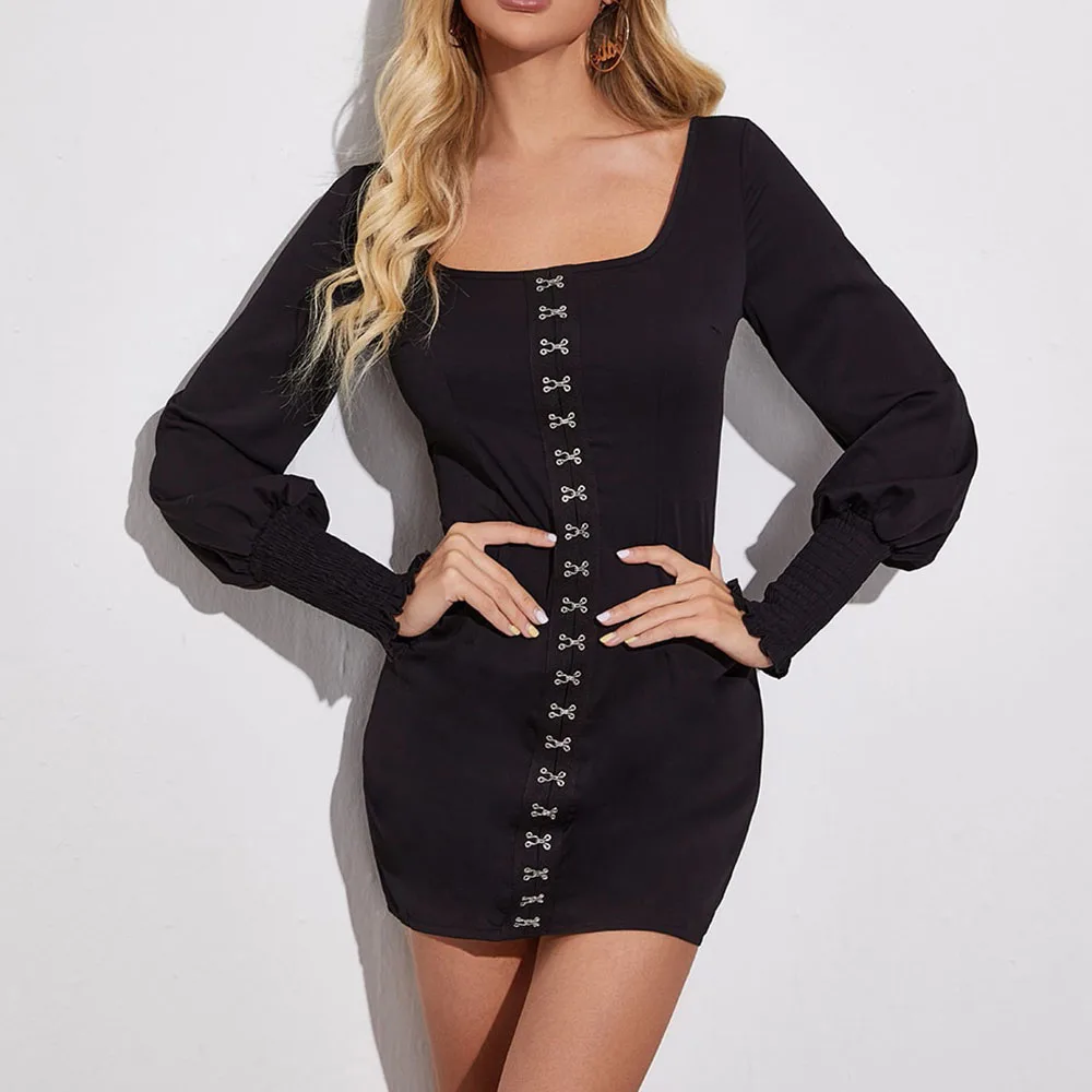 

Women's New Autumn Dress Street Fashion Casual Style Solid Color Square Collar French Design Slim Waist Long Sleeve Dresses