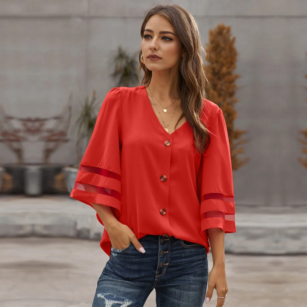 

Women's Chiffon Shirt Summer New Fashion Striped V-neck Five-point Trumpet Sleeve Top Women
