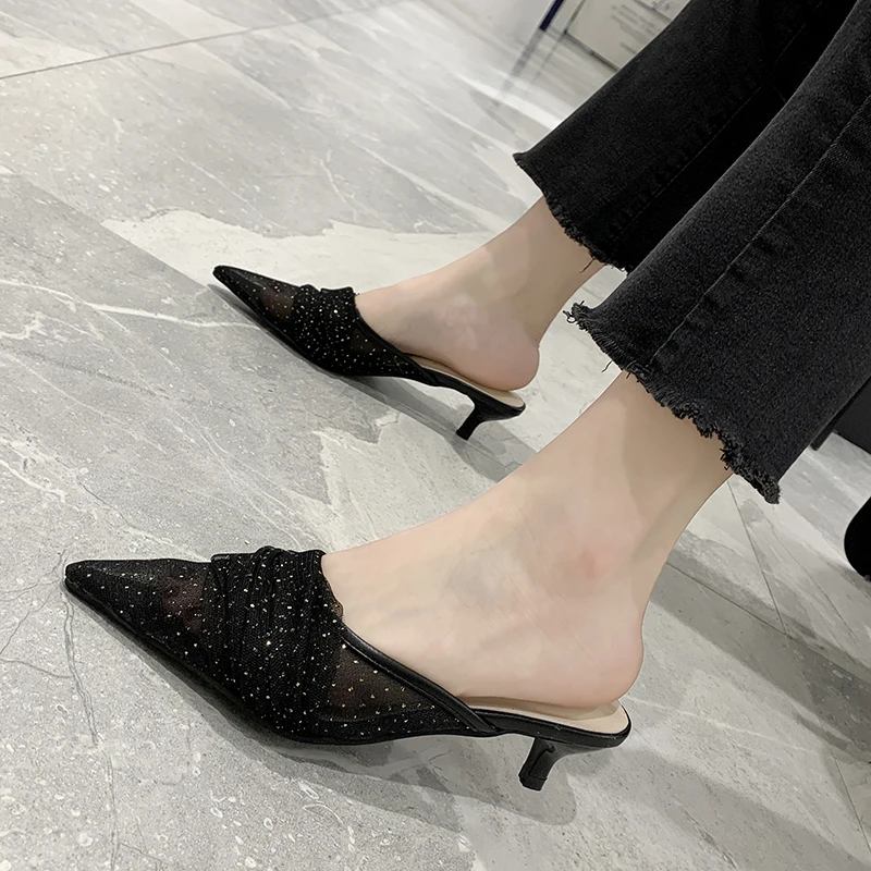 

Shoes Slippers Casual Cover Toe Mules For Women 2021 Thin Heels Low Pantofle Slides Luxury Summer Pointed New Sexy Fabric PU Fas