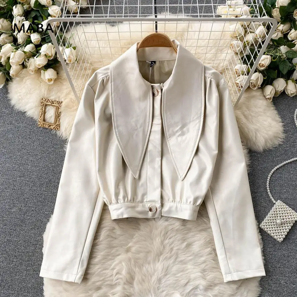 

Женская короткая куртка из искусственной кожи, однотонная однобортная куртка из искусственной кожи с отложным воротником и длинным рукаво...