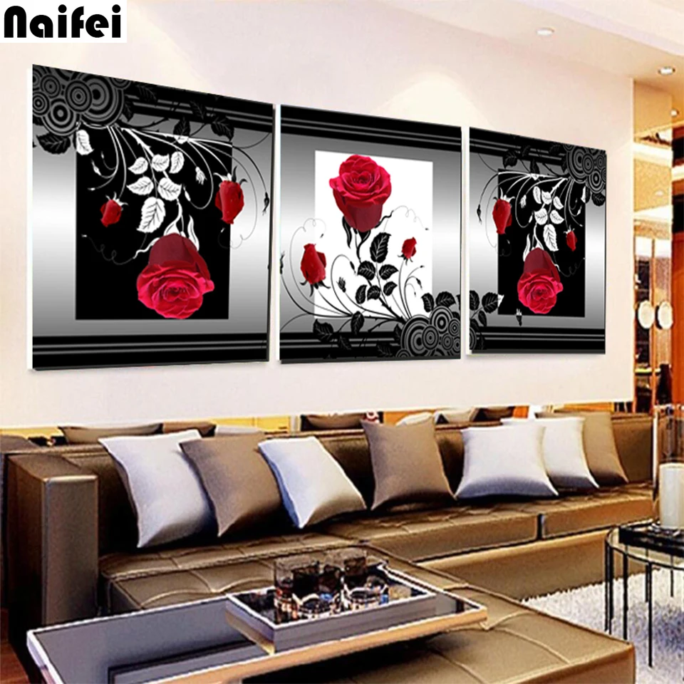 3 Panels red black rose 5D DIY Diamond Painting cross stitch mosaic full square/round diamond embroidery rhinestone painting | Дом и сад